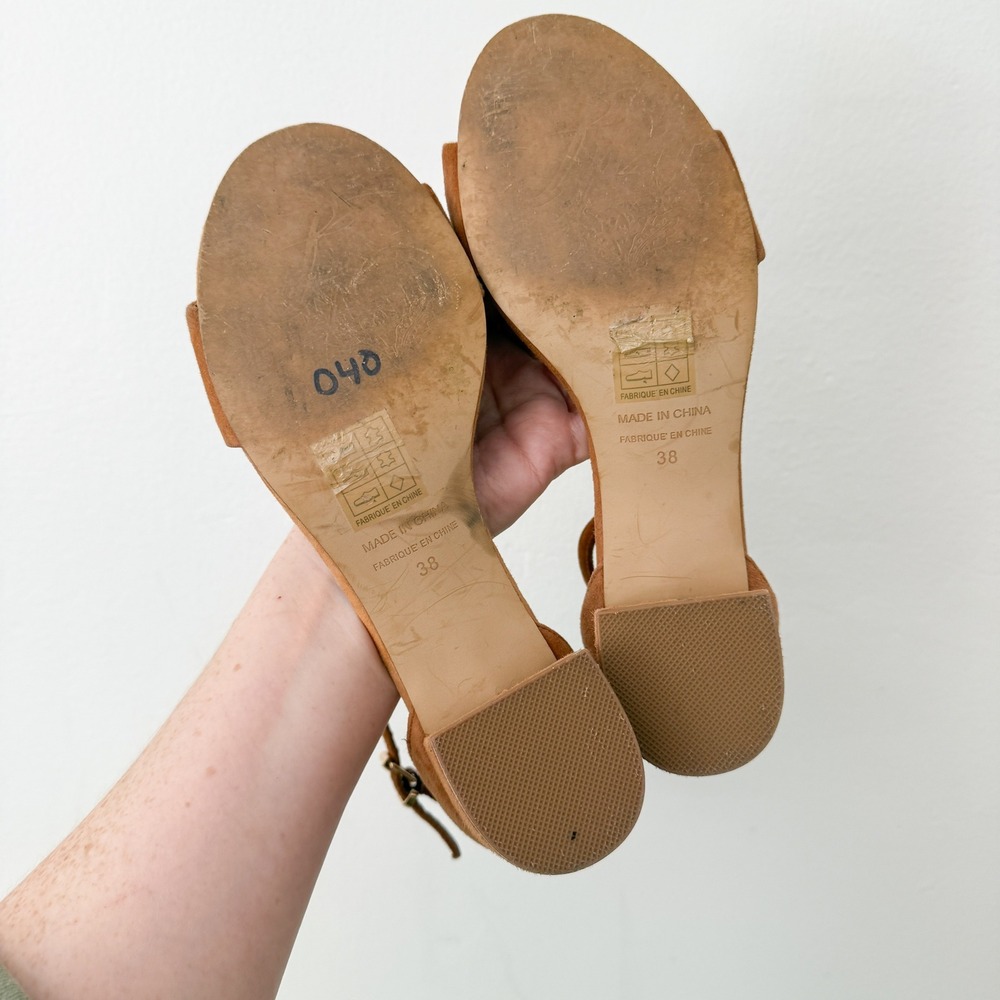 Boho Free People Marigold Suede Block Heel Sandals 38 Tan Ankle Strap Low Heel - Picture 6 of 6
